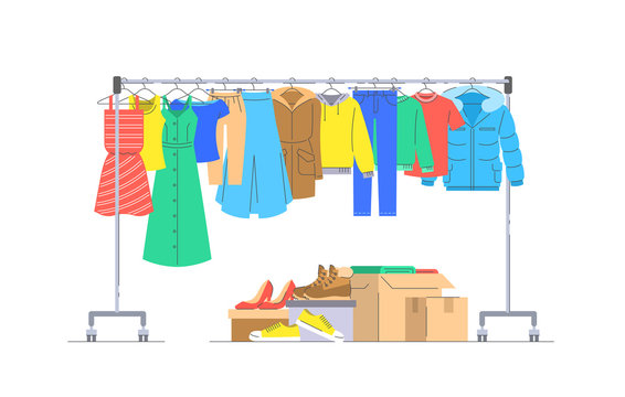 Cloth donation concept. Men and women clothes hanging on hanger rack. Boxes with shoes and different stuff. Flat lines vector illustration. Charity volunteer support. Social help banner