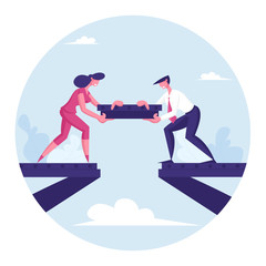 Fototapeta na wymiar Team Work Metaphor. People Put Piece of Metal Construction for Making Bridge. Teamwork Cooperation. Male and Female Characters Partnership and Compromise in Business. Cartoon Flat Vector Illustration