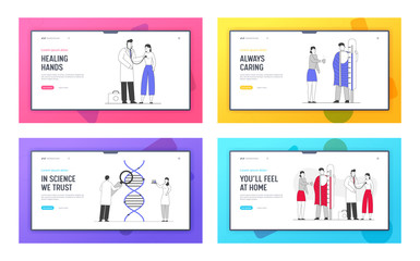 Obraz na płótnie Canvas Seasonal Sickness, Dna Science, Health Care Website Landing Page Set. Sick Person Has Cold. Treatment with Medicine and Hot Drink, Genetics Web Page Banner. Cartoon Flat Vector Illustration, Line Art