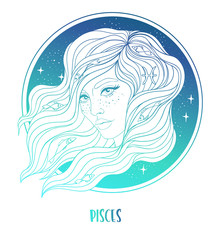 Illustration of Pisces astrological sign as a beautiful girl. Zodiac vector illustration isolated on white. Future telling, horoscope, alchemy, spirituality, occultism, fashion woman.