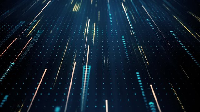 Abstract technology background with digital particles motion. Sci-fi futuristic texture with light trails and glitter details. Seamless loop.