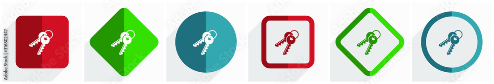 Poster Keys icon set, flat design vector illustration in 6 options for webdesign and mobile applications in eps 10