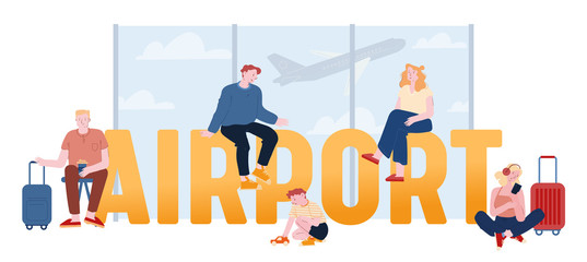 People in Airport Concept. Characters with Baggage Prepare for Airplane Flight Sitting in Waiting Area. Father with Son Traveling Family Poster Banner Flyer Brochure. Cartoon Flat Vector Illustration