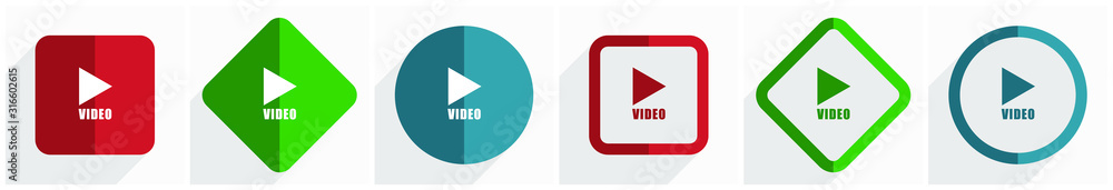 Aufkleber video icon set, flat design vector illustration in 6 options for webdesign and mobile applications i