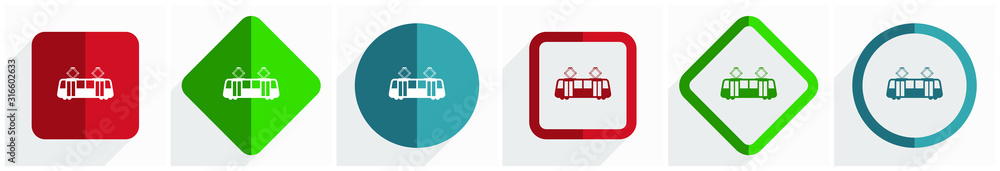 Aufkleber tram icon set, flat design vector illustration in 6 options for webdesign and mobile applications in