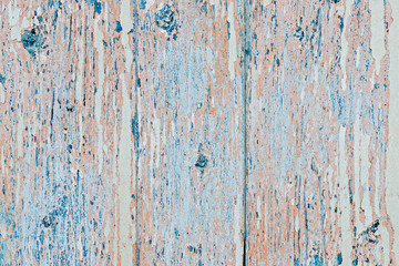 Fototapeta na wymiar Flaking pink-blue paint on a faded wooden background