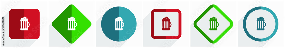 Aufkleber Beer icon set, flat design vector illustration in 6 options for webdesign and mobile applications in eps 10