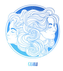 Illustration of Gemini astrological sign as two beautiful girls. Zodiac vector illustration isolated on white. Future telling, horoscope, alchemy, spirituality, occultism, fashion woman.