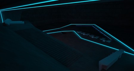 Abstract architectural concrete interior of a minimalist house with colored neon lighting. 3D illustration and rendering.