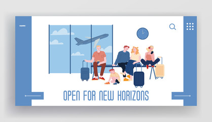 People in Airport Waiting Boarding Website Landing Page. Travelers with Suitcases Sitting in Terminal with Flying Airplane on Background. Travelling Web Page Banner. Cartoon Flat Vector Illustration