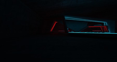 Naklejka premium Abstract architectural concrete interior of a minimalist house with colored neon lighting. 3D illustration and rendering.