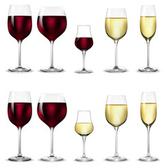 Full and empty glasses for white and red wine.