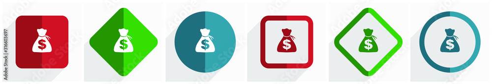 Fototapete Money icon set, flat design vector illustration in 6 options for webdesign and mobile applications in eps 10