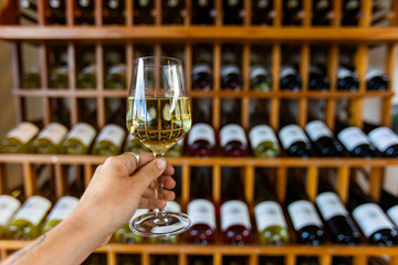 hand holding a glass of white wine selective focus view, tasting room wines bottles display on wooden racks shelves background, wine shop interior - obrazy, fototapety, plakaty