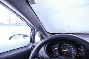 Extreme Cold Weather Inside Car View.