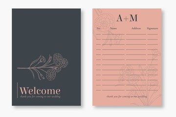set modern floral outline hand drawn luxury wedding invitation design or card templates for wedding or fashion or greeting with carnation flower texture elegant background bundle vector illustration