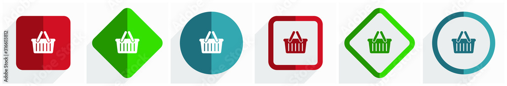 Aufkleber shopping basket icon set, flat design vector illustration in 6 options for webdesign and mobile appl