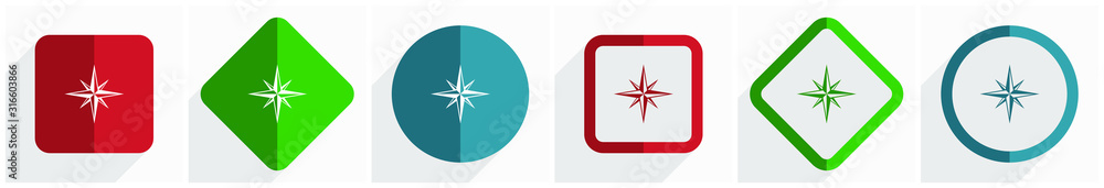 Fototapete compass icon set, flat design vector illustration in 6 options for webdesign and mobile applications