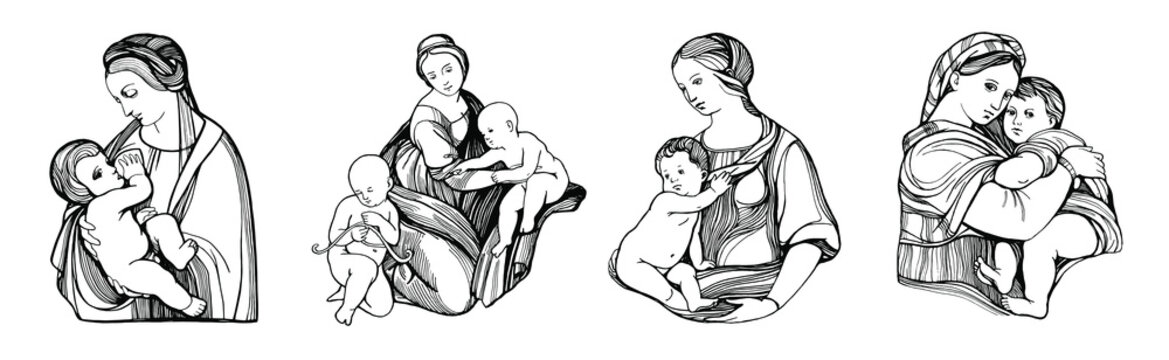 Graphic image of the Madonna and Child. Set of female images. Hand drawing outline isolated. Sketch of paintings by Leonardo da Vinci. Suitable for print, card, mother's day greetings. Vector.