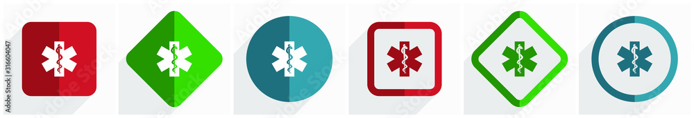 Poster emergency icon set, flat design vector illustration in 6 options for webdesign and mobile applicatio