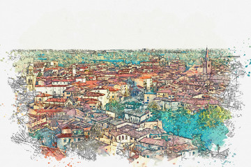 Watercolor sketch of a beautiful view of traditional urban architecture in Verona in Italy.