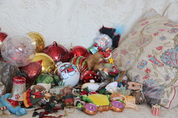 Vintage Christmas tree ornaments and lights from the '50s. Christmas and winter holiday concept.