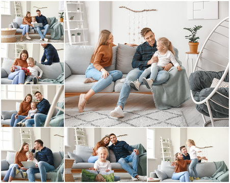 Collage of photos with happy young family resting on sofa at home