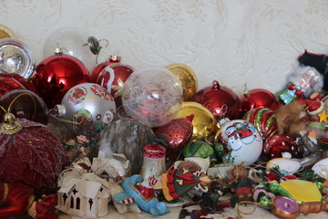 Vintage Christmas tree ornaments and lights from the '50s. Christmas and winter holiday concept.