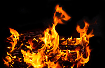 Fire and Flames. Burning firewood in the fireplace.