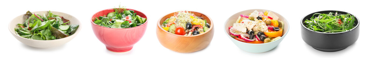 Plate with fresh vegetable salad on white background