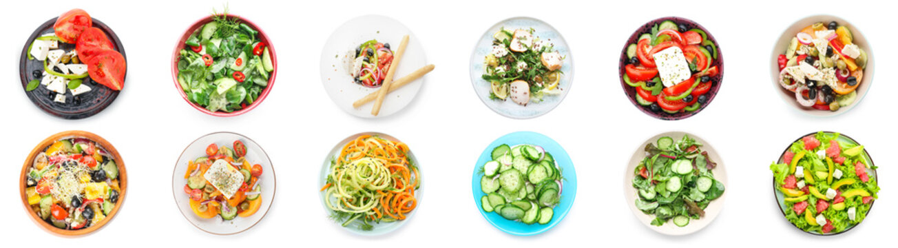 Set of different tasty salads on white background