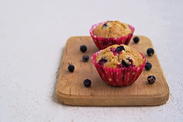 Muffins with black currants on a wooden board on a light concrete background. American cuisine. Copyspace. Selective focus