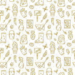 Gardening vector doodle line art seamless pattern, texture, background. Elegant golden design elements on white background. Gardening tools, plants, herbs, leaves, gardening clothes icons together.