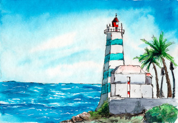 A light blue palm and house and palms on the cliff near the bright blue sea and sky