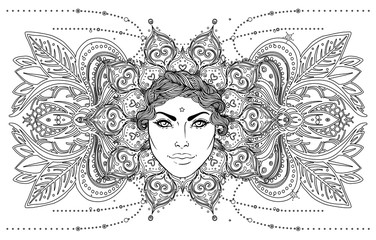 Tribal Fusion Boho Goddess. Beautiful divine diva girl with ornate crown, kokoshnik inspired. Bohemian goddess. Hand drawn elegant illustration. Lotus flower, ethnic art, patterned Indian paisley.