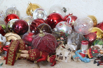 Fototapeta premium Vintage Christmas tree ornaments and lights from the '50s. Christmas and winter holiday concept.