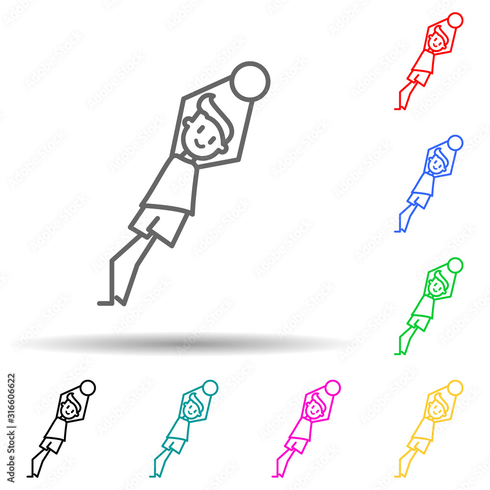 Poster goalkeeper catches ball multi color style icon. simple thin line, outline vector of soccer in action