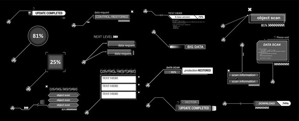 Futuristic Callouts titles collection in HUD style. Futuristic User Interface elements. Tech callout bar labels, information call box bars and modern digital info boxes layout templates. Vector HUD UI