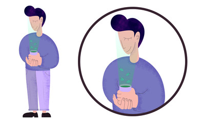 Handsome man holding a tea mug isolated on a white background in the style of disproportionate people and flat style. And second vector illustration with a man in a circle, logo or sticker concept