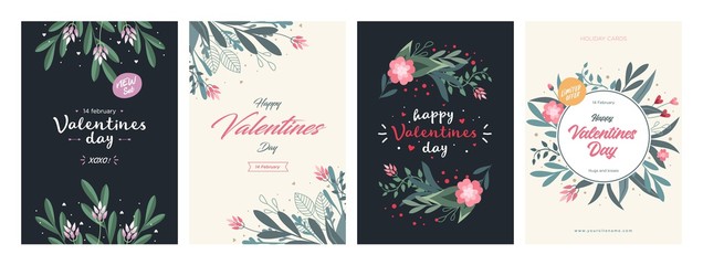 Set of Valentines Day Card Templates. Trendy Floral Style. Design with ornaments, hearts and ribbons - obrazy, fototapety, plakaty