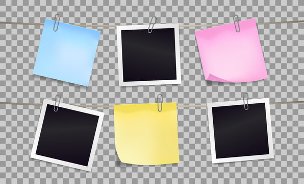 Color sticky notes and photo frames attached metal paper clips on tapes. Template for design. Vector illustration.