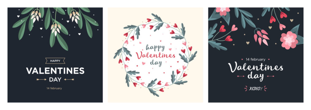 Set of Valentines Day Card Templates. Trendy Floral Style. Design with ornaments, hearts and ribbons