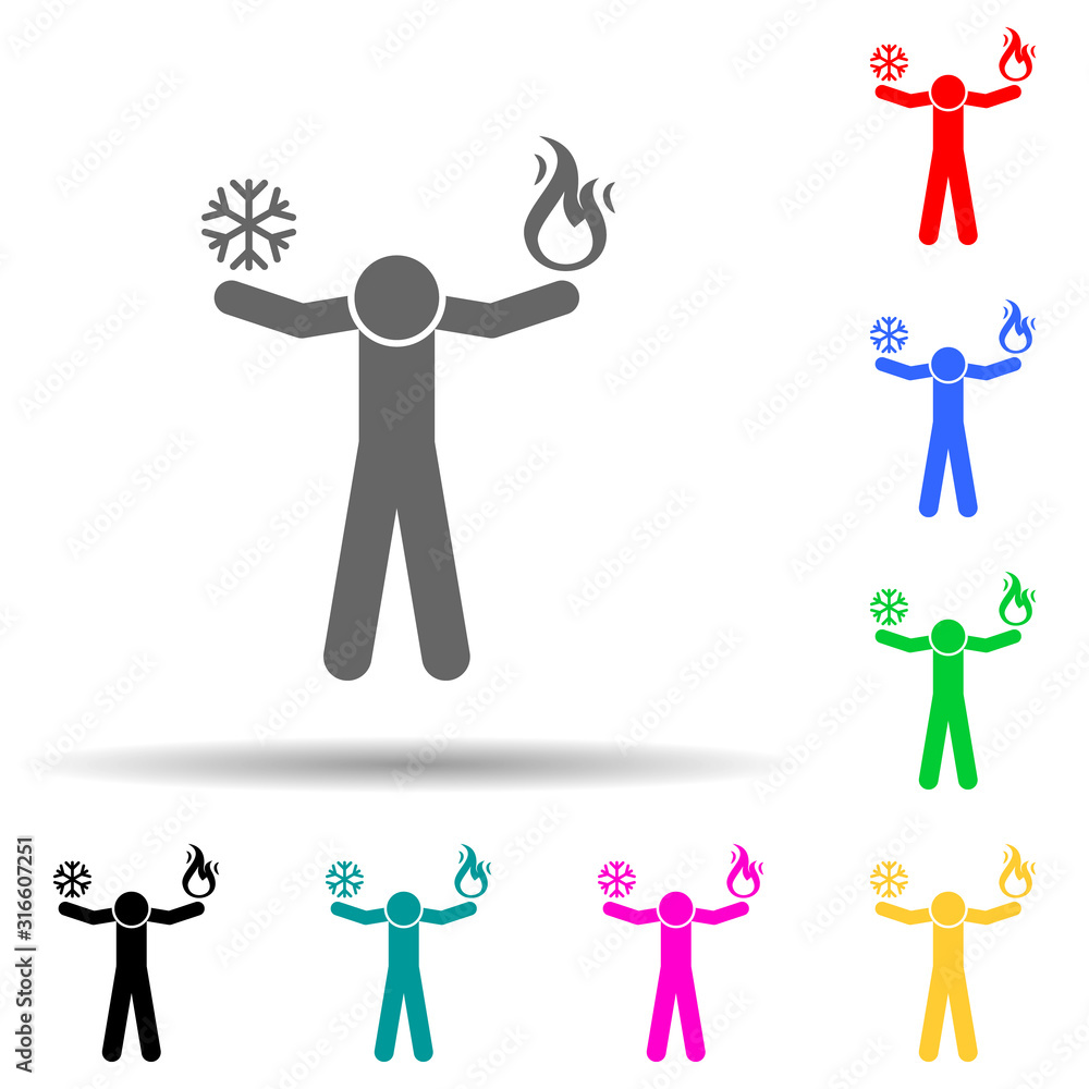 Poster man with fire snowflake multi color style icon. simple glyph, flat vector of special human powerful 