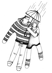 Two lovers. Boy and girl with umbrella. Hand silhouette. Sailor