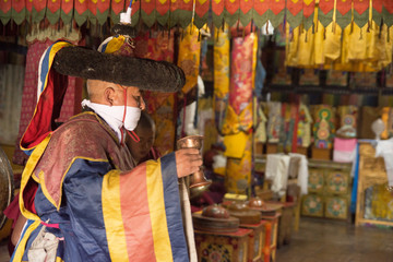 Fototapeta premium Buddhist puja ceremony in tikshey monastery, ladakh