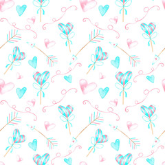 seamless pattern, watercolor painting, arrows with hearts, hearts, romantic design, color background