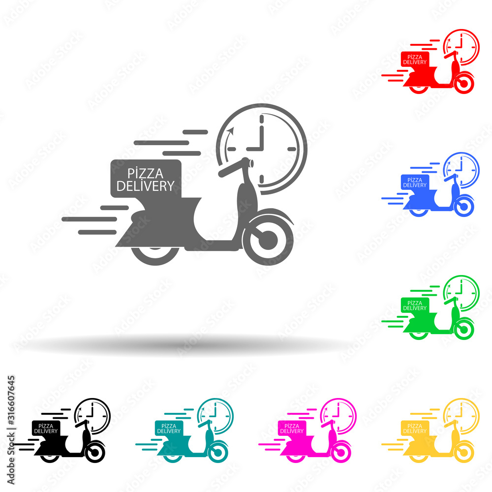 Poster pizza delivery motorbike speed multi color style icon. simple glyph, flat vector of speed icons for 