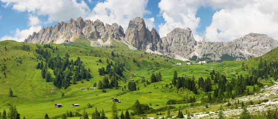 View of mountains and valley from Gardena pass, Dolomites Alps , Italy, Europe