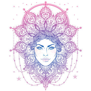 Tribal Fusion Boho Goddess. Beautiful divine diva girl with ornate crown, kokoshnik inspired. Bohemian goddess. Hand drawn elegant illustration. Lotus flower, ethnic art, patterned Indian paisley.