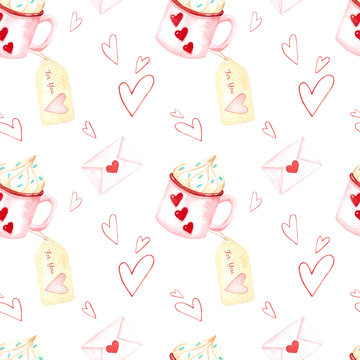 Cake in a Cup, seamless pattern, watercolor, hearts, romantic design
